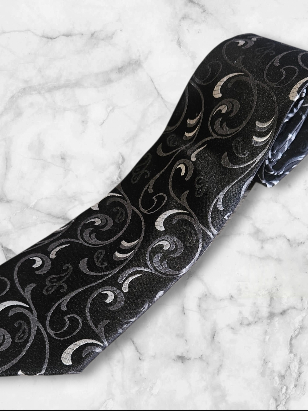 Van Heusen Silk Tie Black Gray Paisley Swirl Classic Necktie
